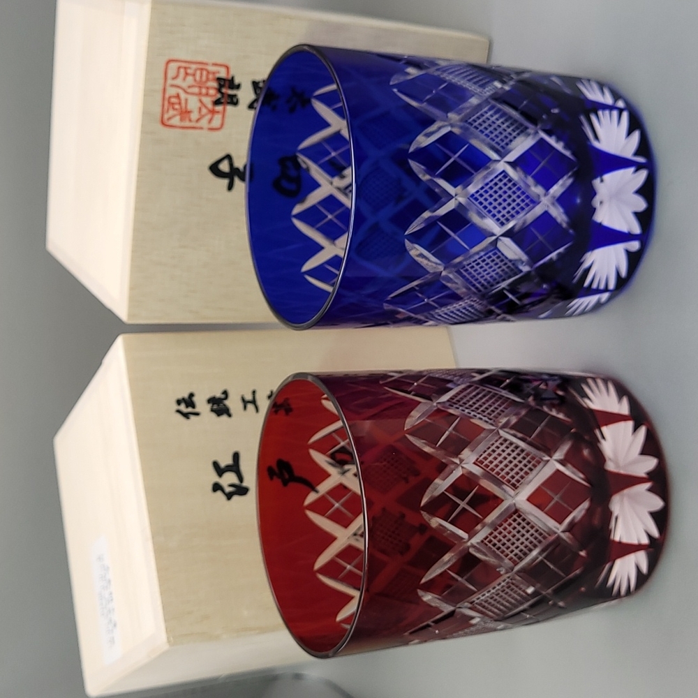 Glasses Set Edo KirikoYarai Nanako old-fashioned, 1 red & 1 blue